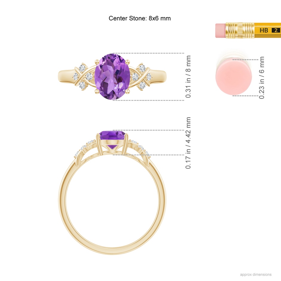 8x6mm AA Solitaire Oval Amethyst Criss Cross Ring with Diamonds in Yellow Gold ruler