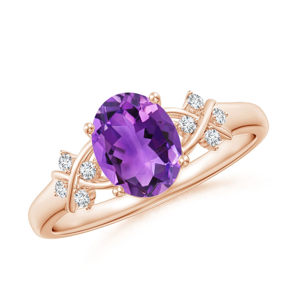 8x6mm AAA Solitaire Oval Amethyst Criss Cross Ring with Diamonds in Rose Gold 