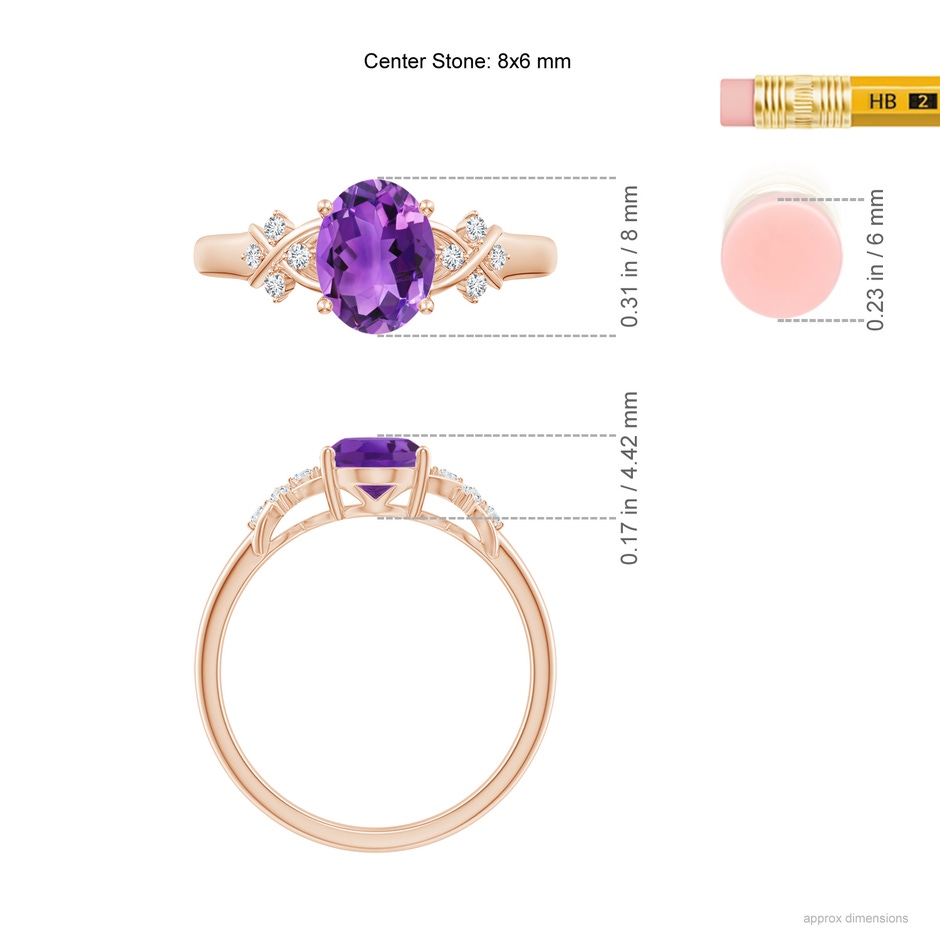 8x6mm AAA Solitaire Oval Amethyst Criss Cross Ring with Diamonds in Rose Gold ruler