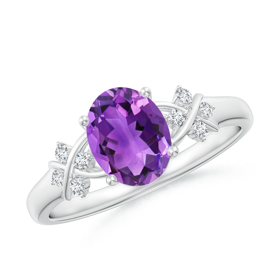 8x6mm AAA Solitaire Oval Amethyst Criss Cross Ring with Diamonds in White Gold 