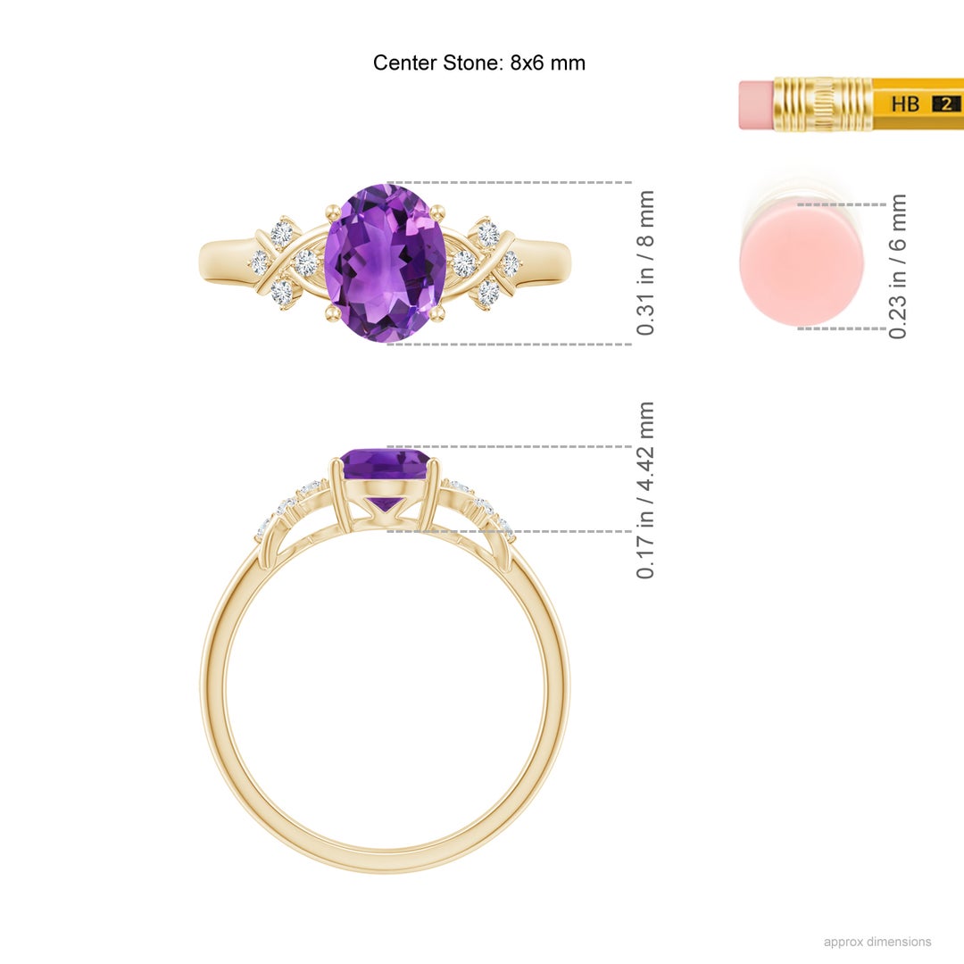 8x6mm AAA Solitaire Oval Amethyst Criss Cross Ring with Diamonds in Yellow Gold - ruler