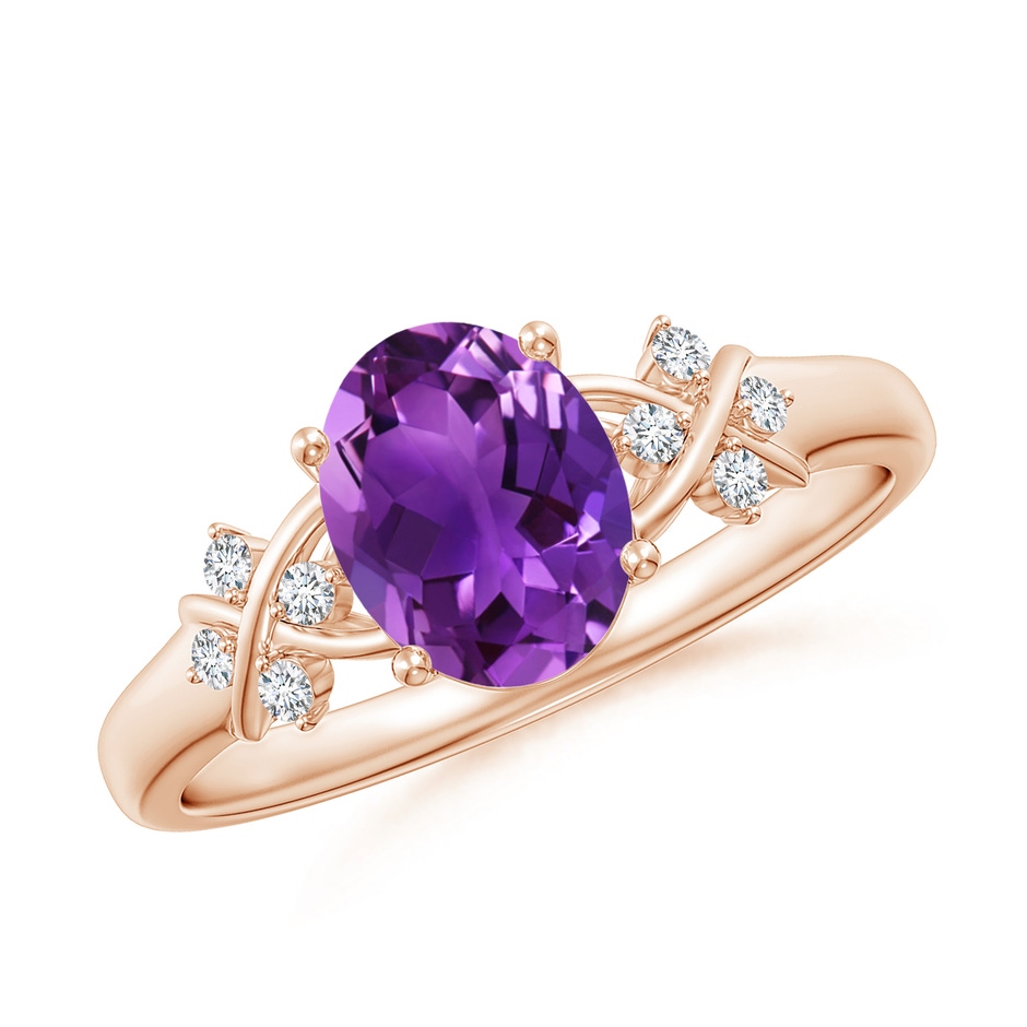 8x6mm AAAA Solitaire Oval Amethyst Criss Cross Ring with Diamonds in Rose Gold 