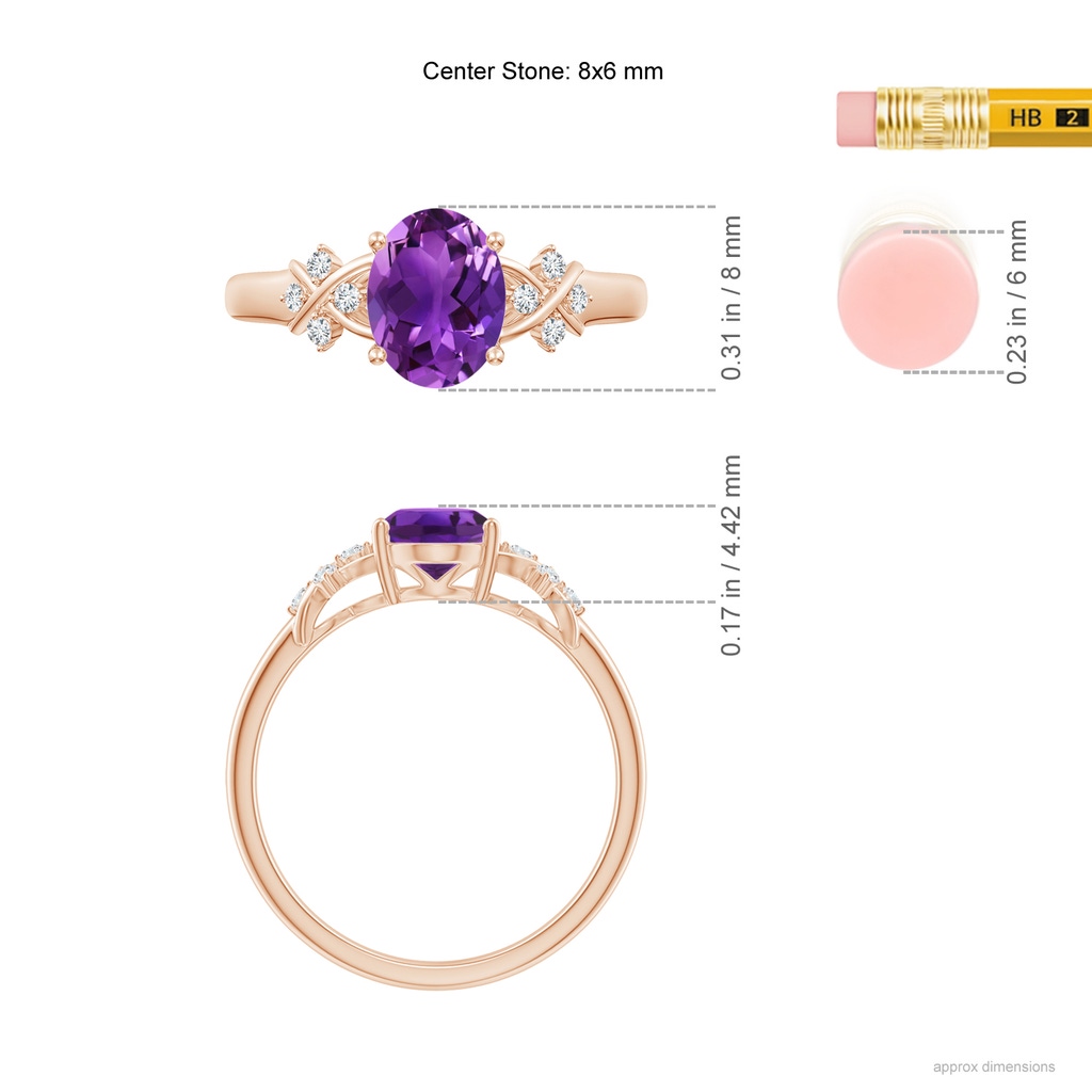 8x6mm AAAA Solitaire Oval Amethyst Criss Cross Ring with Diamonds in Rose Gold Ruler