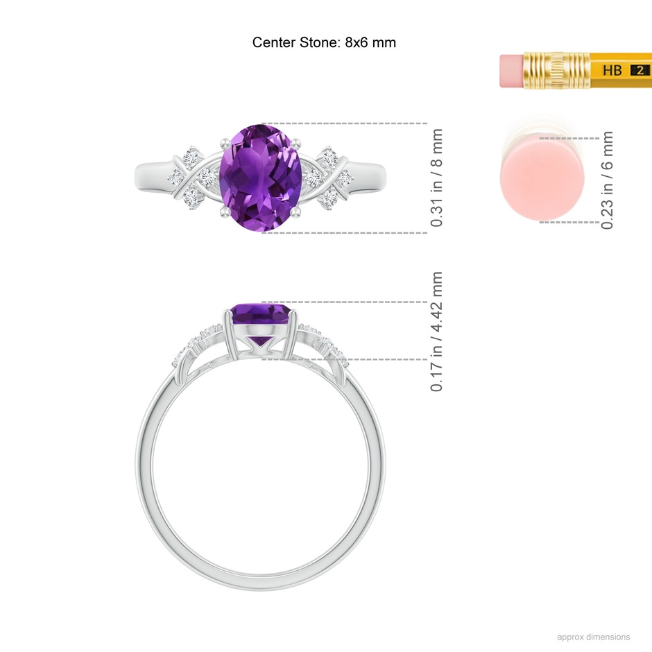 8x6mm AAAA Solitaire Oval Amethyst Criss Cross Ring with Diamonds in White Gold ruler