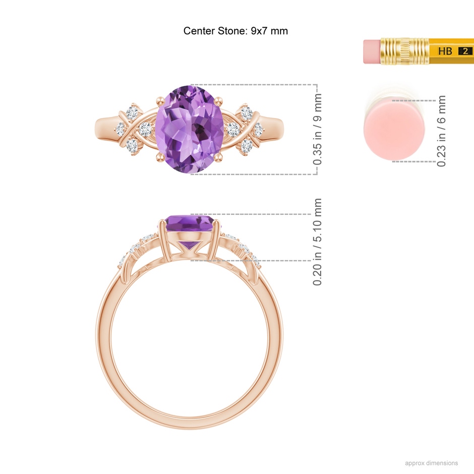 9x7mm A Solitaire Oval Amethyst Criss Cross Ring with Diamonds in Rose Gold ruler