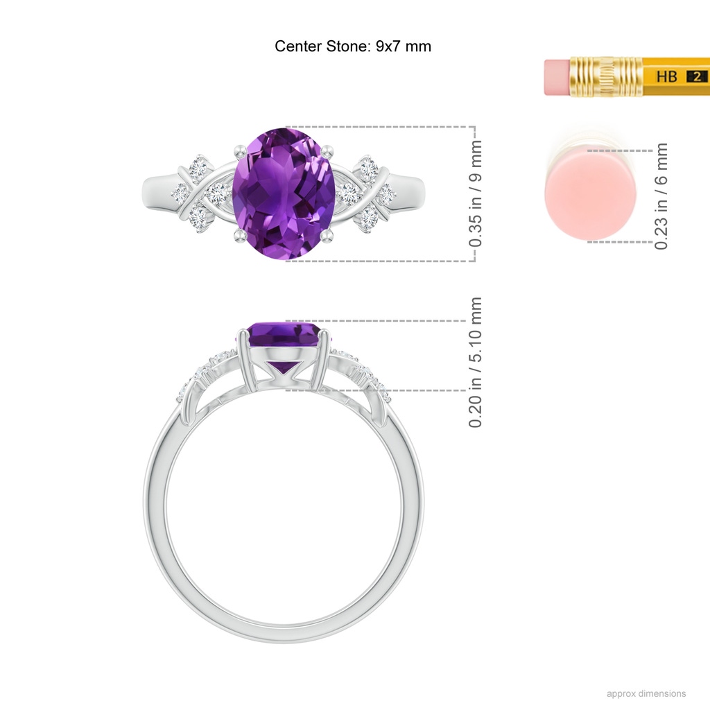 9x7mm AAAA Solitaire Oval Amethyst Criss Cross Ring with Diamonds in White Gold Ruler