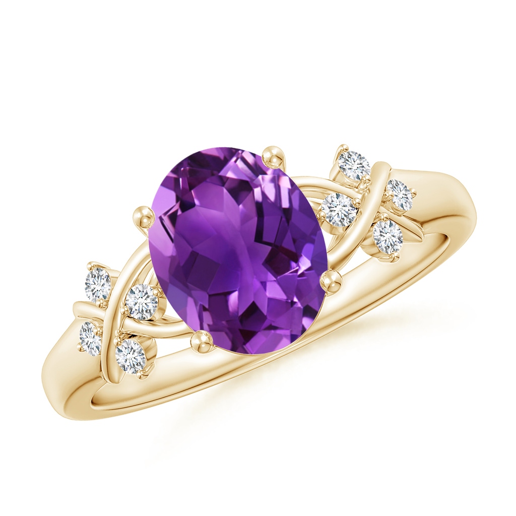 9x7mm AAAA Solitaire Oval Amethyst Criss Cross Ring with Diamonds in Yellow Gold 