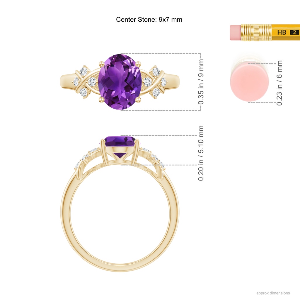 9x7mm AAAA Solitaire Oval Amethyst Criss Cross Ring with Diamonds in Yellow Gold Ruler