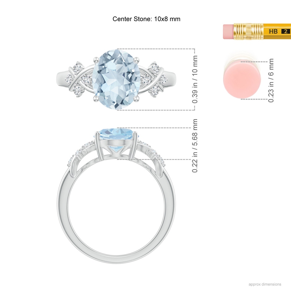10x8mm A Solitaire Oval Aquamarine Criss Cross Ring with Diamonds in White Gold ruler