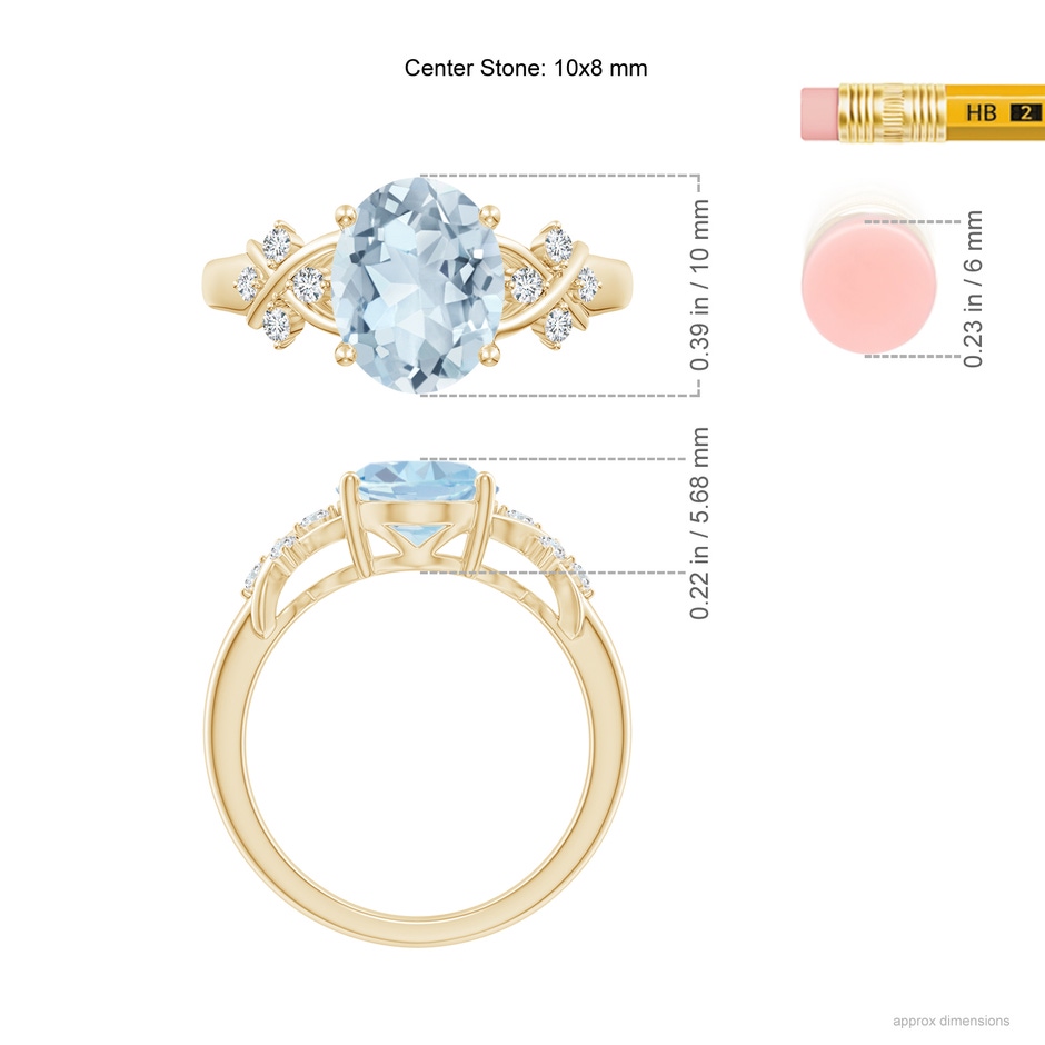 10x8mm A Solitaire Oval Aquamarine Criss Cross Ring with Diamonds in Yellow Gold ruler
