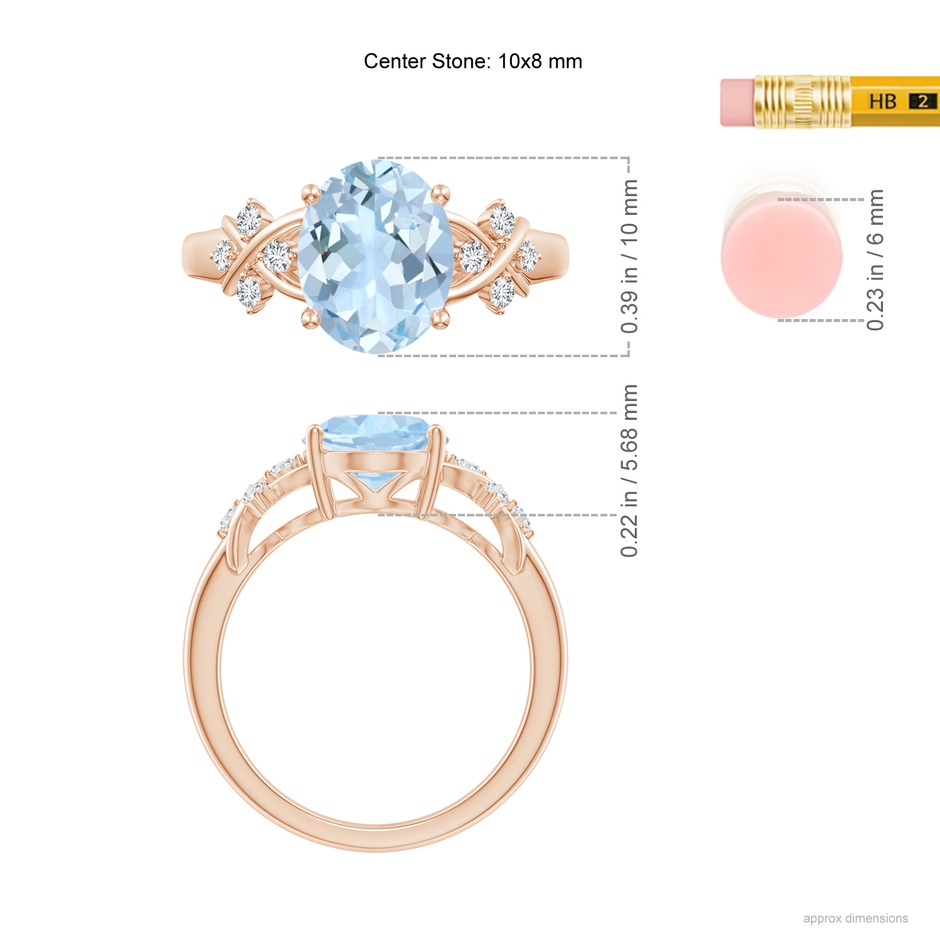 10x8mm AA Solitaire Oval Aquamarine Criss Cross Ring with Diamonds in Rose Gold ruler