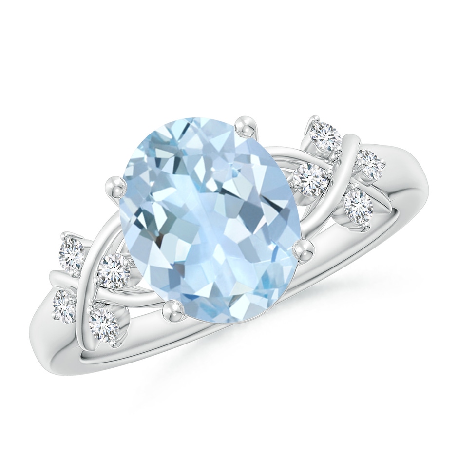 10x8mm AA Solitaire Oval Aquamarine Criss Cross Ring with Diamonds in White Gold 