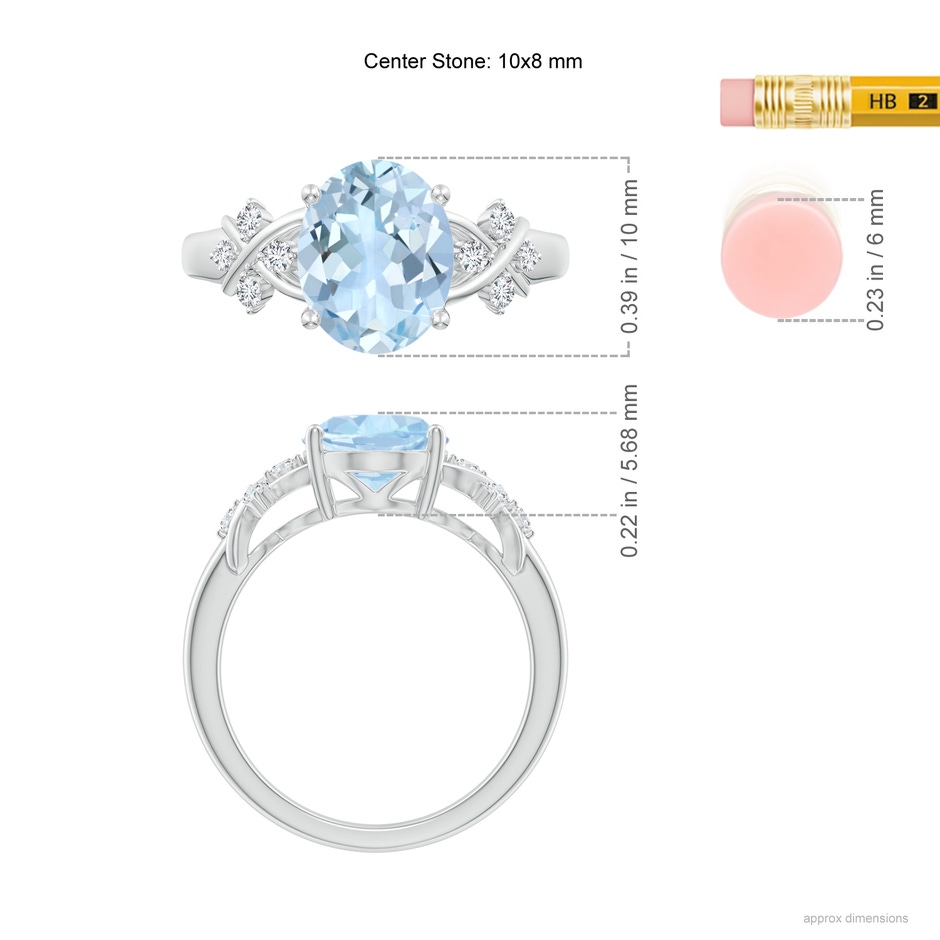 10x8mm AA Solitaire Oval Aquamarine Criss Cross Ring with Diamonds in White Gold ruler
