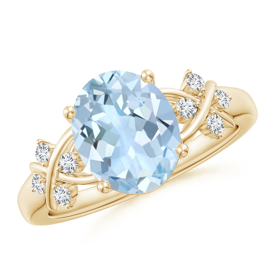 10x8mm AA Solitaire Oval Aquamarine Criss Cross Ring with Diamonds in Yellow Gold 