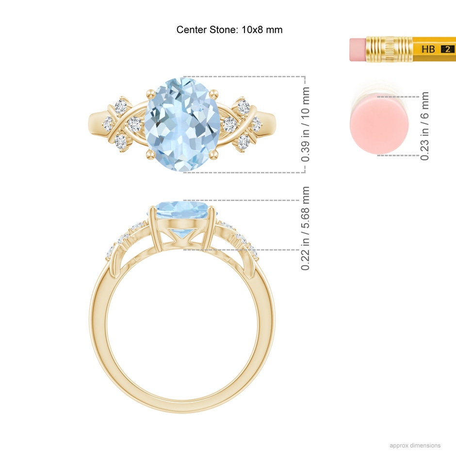 10x8mm AA Solitaire Oval Aquamarine Criss Cross Ring with Diamonds in Yellow Gold ruler