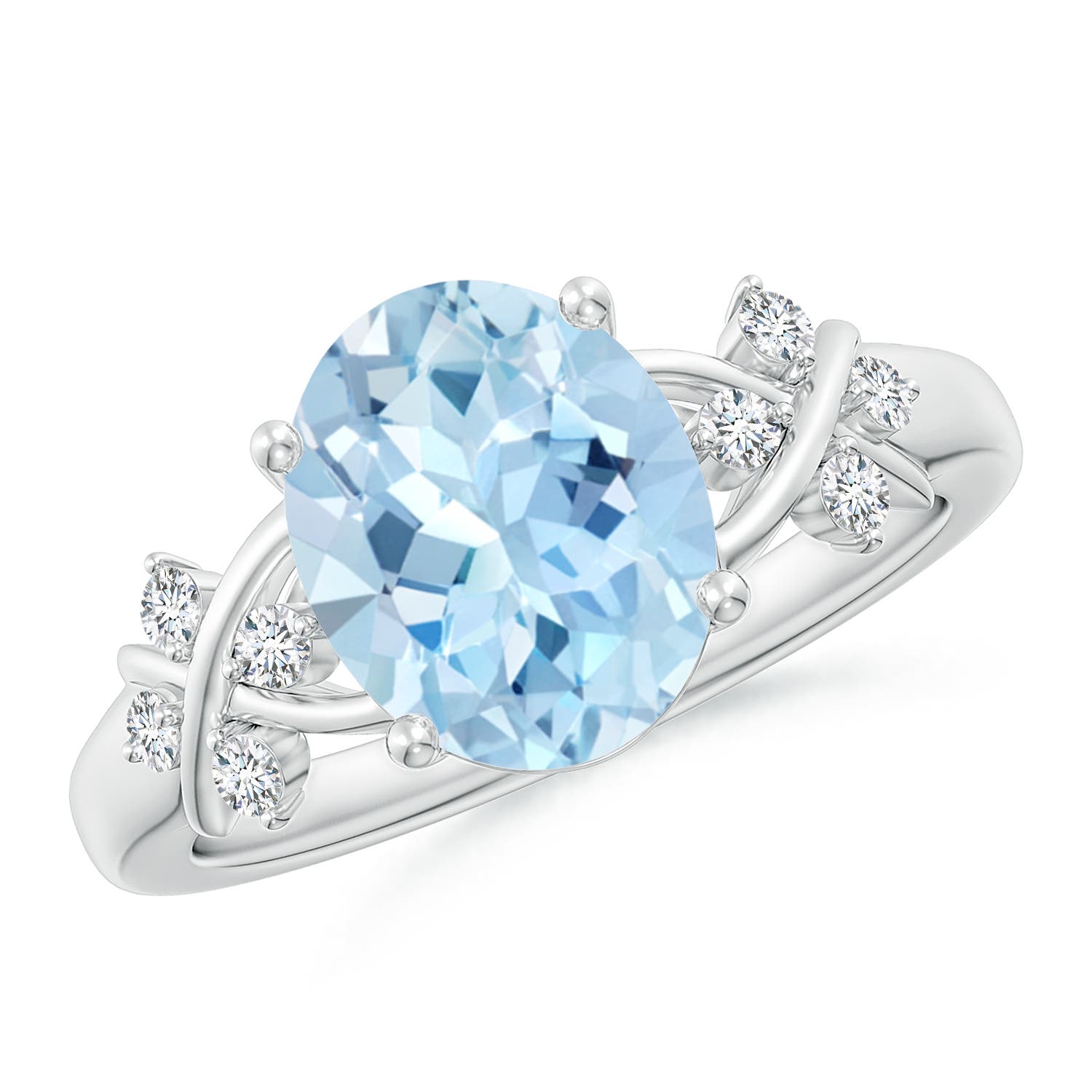 10x8mm AAA Solitaire Oval Aquamarine Criss Cross Ring with Diamonds in P950 Platinum