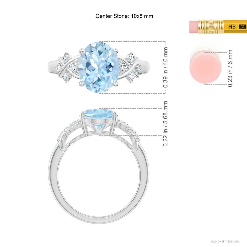 10x8mm AAA Solitaire Oval Aquamarine Criss Cross Ring with Diamonds in White Gold ruler
