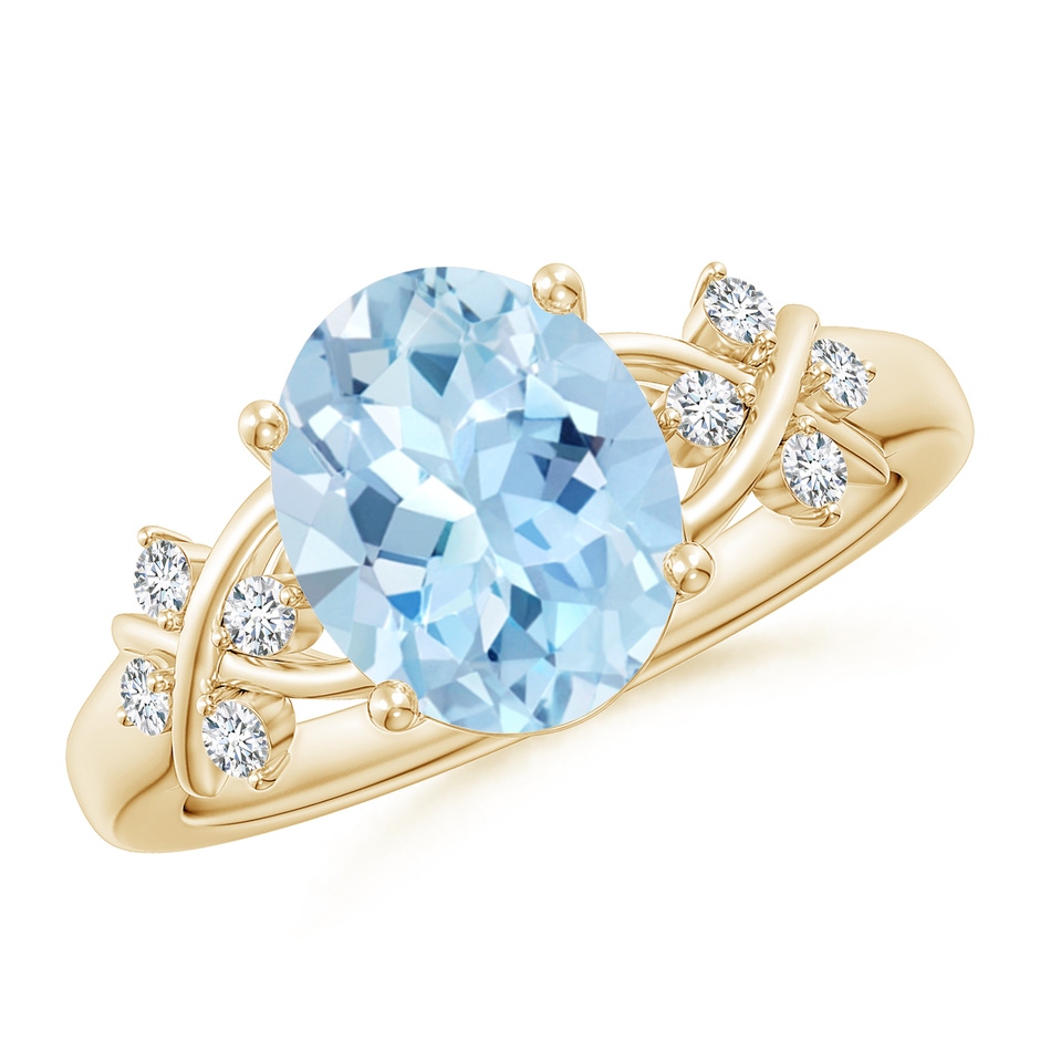 10x8mm AAA Solitaire Oval Aquamarine Criss Cross Ring with Diamonds in Yellow Gold 
