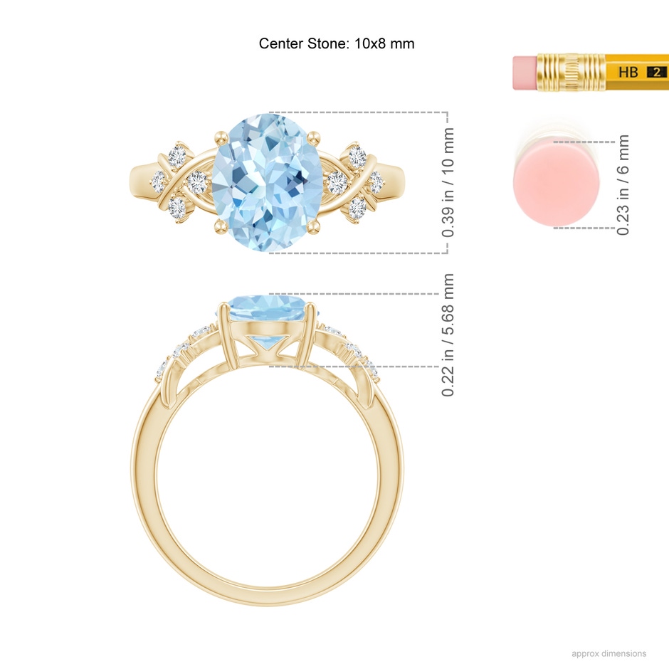 10x8mm AAA Solitaire Oval Aquamarine Criss Cross Ring with Diamonds in Yellow Gold ruler