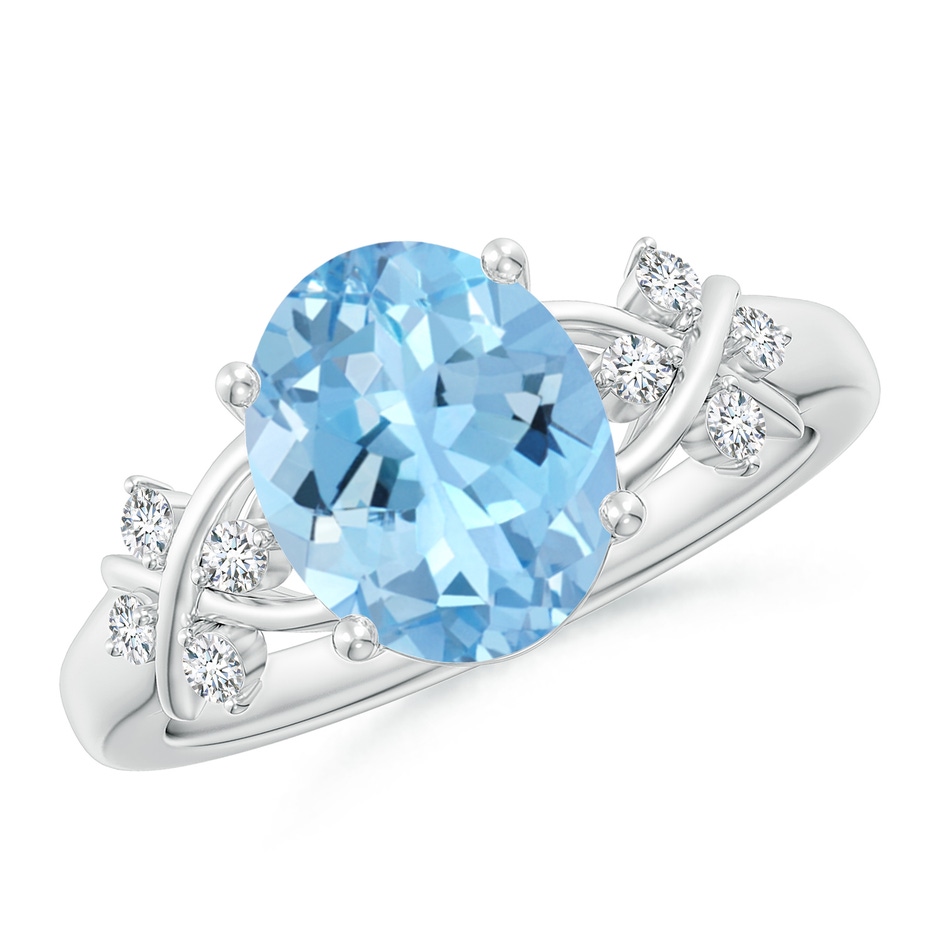 10x8mm AAAA Solitaire Oval Aquamarine Criss Cross Ring with Diamonds in P950 Platinum 