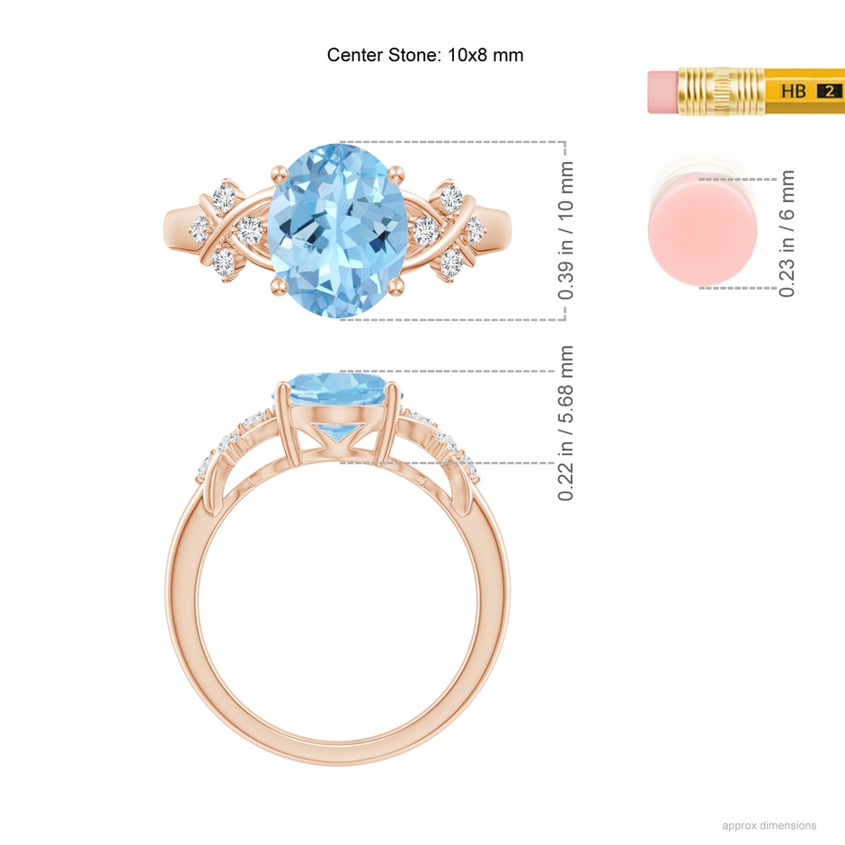 10x8mm AAAA Solitaire Oval Aquamarine Criss Cross Ring with Diamonds in Rose Gold ruler