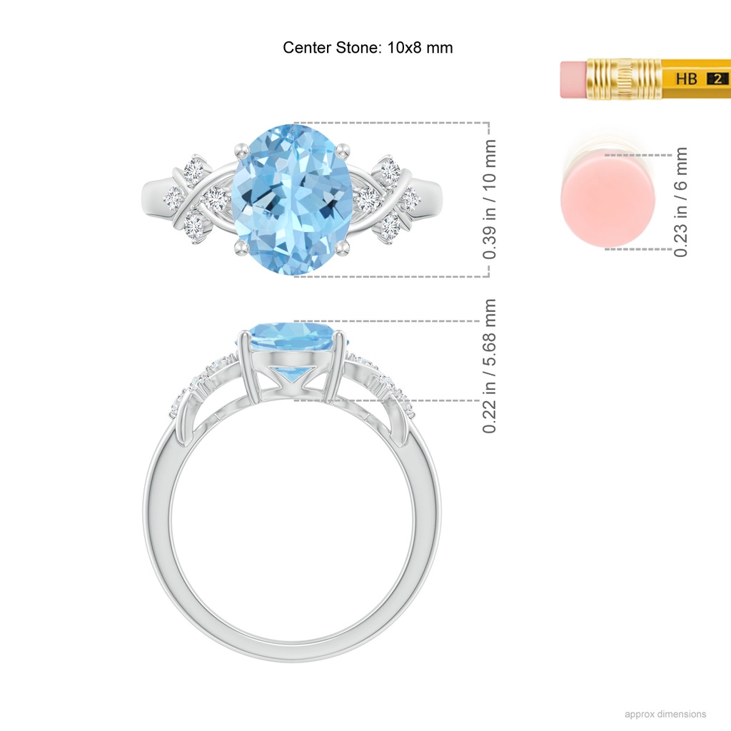 10x8mm AAAA Solitaire Oval Aquamarine Criss Cross Ring with Diamonds in White Gold Ruler