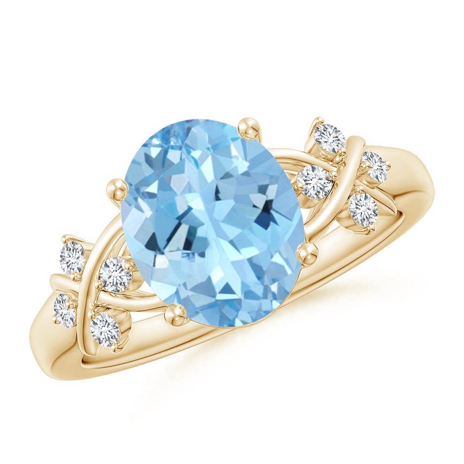 10x8mm AAAA Solitaire Oval Aquamarine Criss Cross Ring with Diamonds in Yellow Gold 