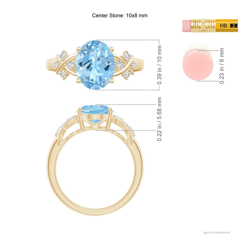 10x8mm AAAA Solitaire Oval Aquamarine Criss Cross Ring with Diamonds in Yellow Gold ruler