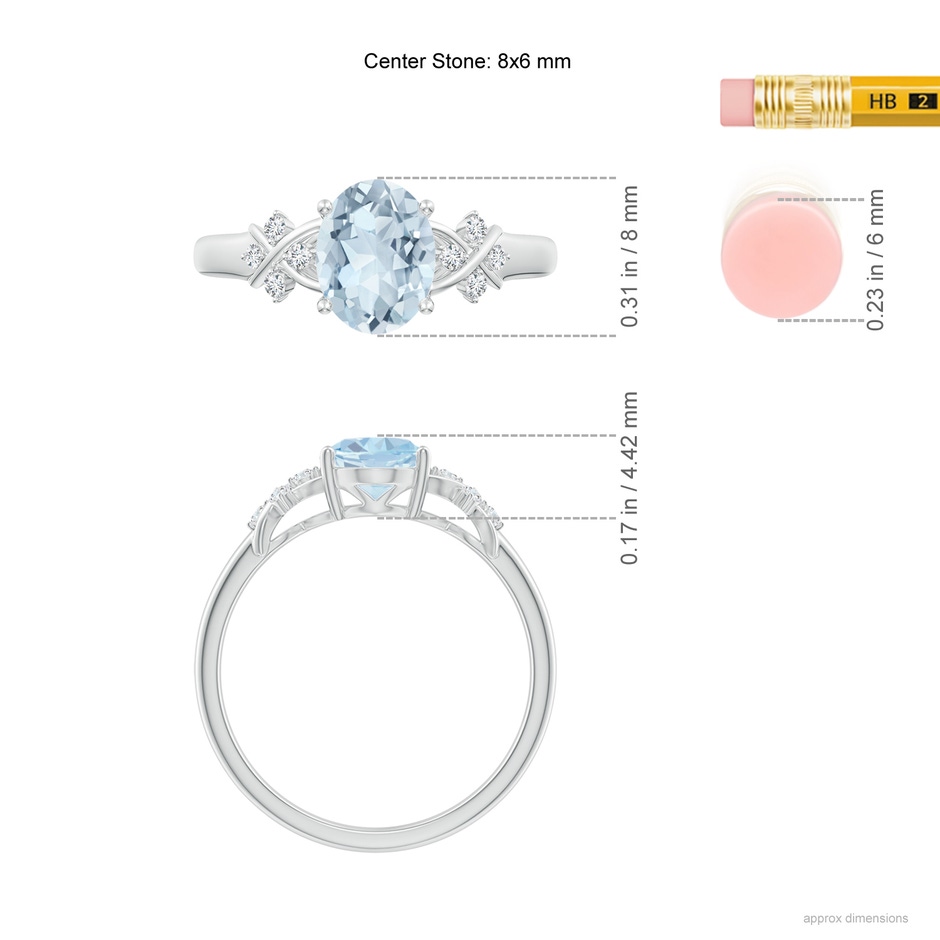 8x6mm A Solitaire Oval Aquamarine Criss Cross Ring with Diamonds in P950 Platinum ruler