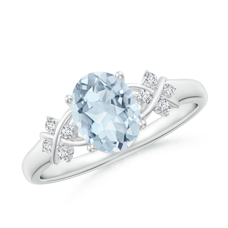 8x6mm A Solitaire Oval Aquamarine Criss Cross Ring with Diamonds in White Gold 
