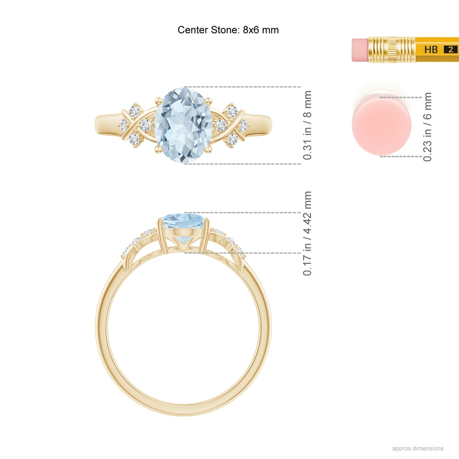 8x6mm A Solitaire Oval Aquamarine Criss Cross Ring with Diamonds in Yellow Gold ruler