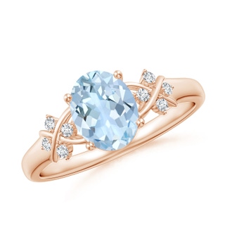 8x6mm AA Solitaire Oval Aquamarine Criss Cross Ring with Diamonds in 10K Rose Gold