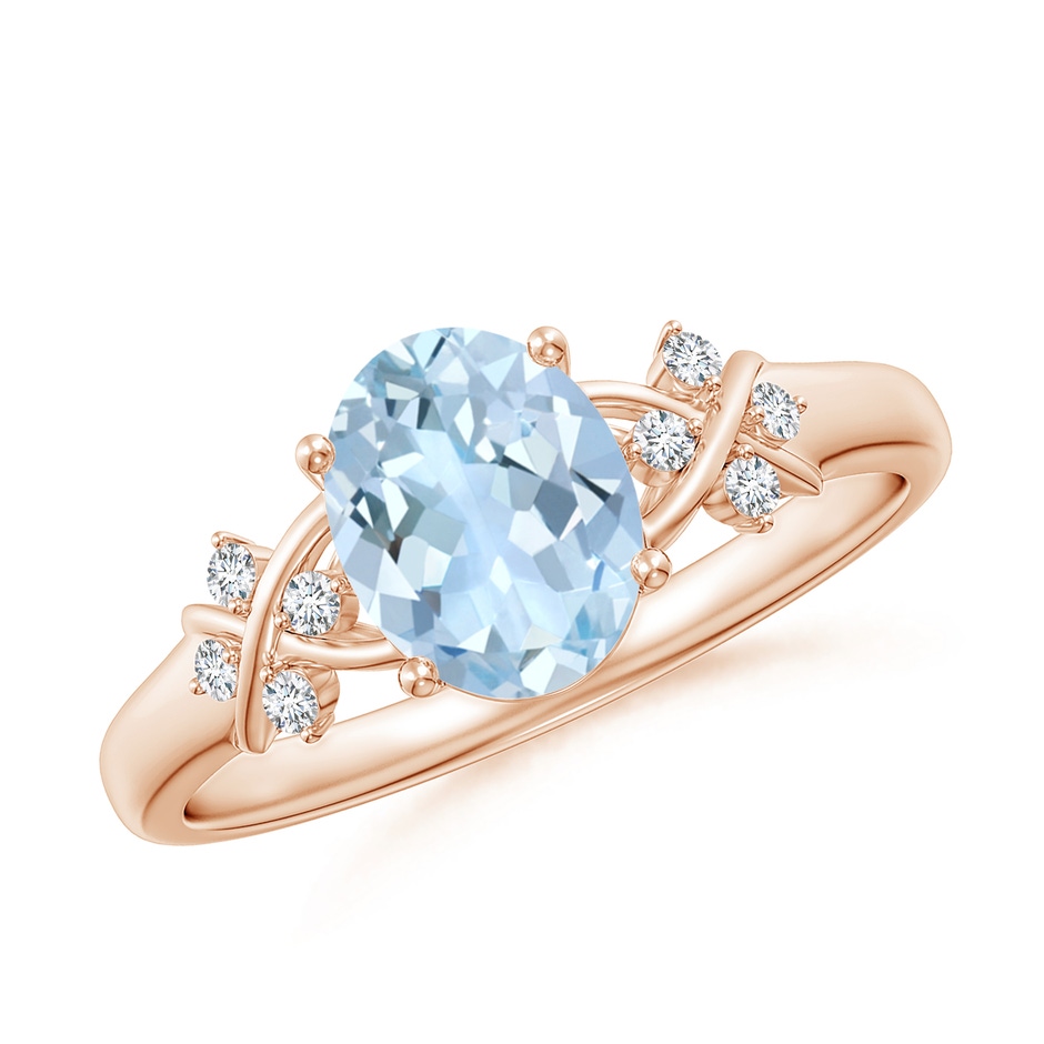 8x6mm AA Solitaire Oval Aquamarine Criss Cross Ring with Diamonds in Rose Gold 