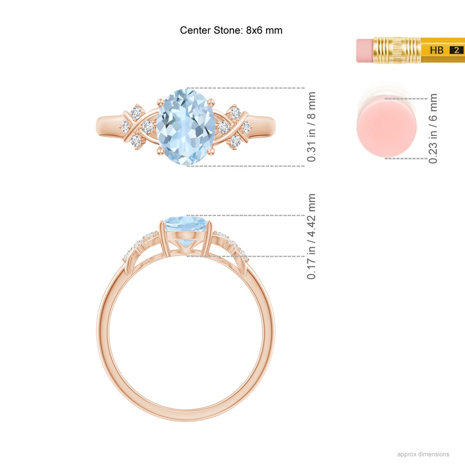 8x6mm AA Solitaire Oval Aquamarine Criss Cross Ring with Diamonds in Rose Gold ruler
