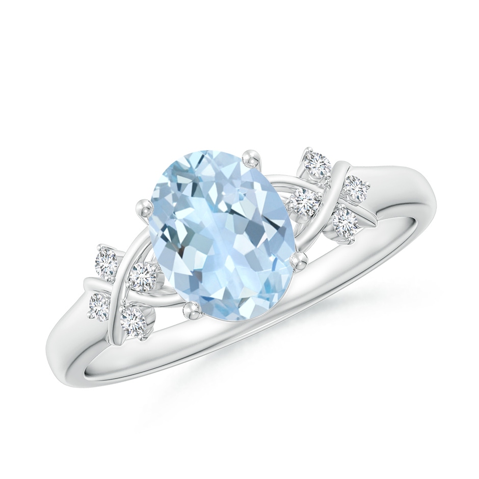 8x6mm AA Solitaire Oval Aquamarine Criss Cross Ring with Diamonds in White Gold 