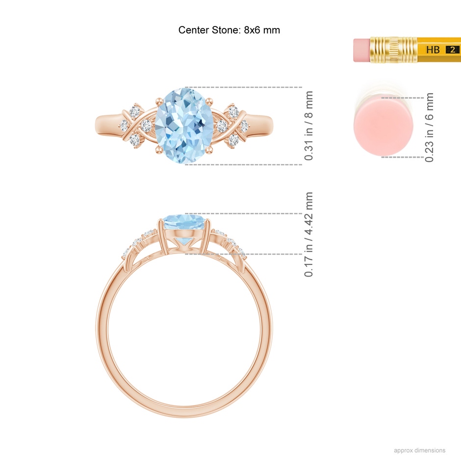 8x6mm AAA Solitaire Oval Aquamarine Criss Cross Ring with Diamonds in Rose Gold ruler