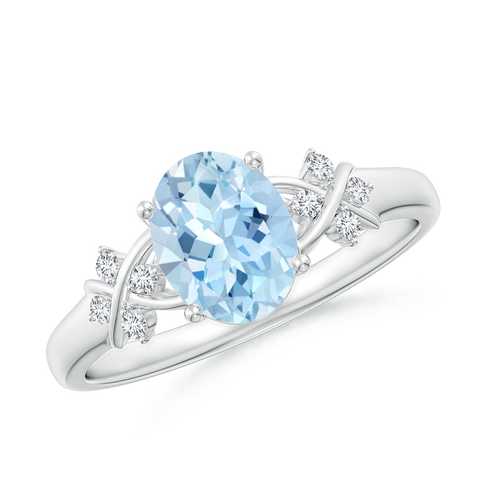 8x6mm AAA Solitaire Oval Aquamarine Criss Cross Ring with Diamonds in White Gold 