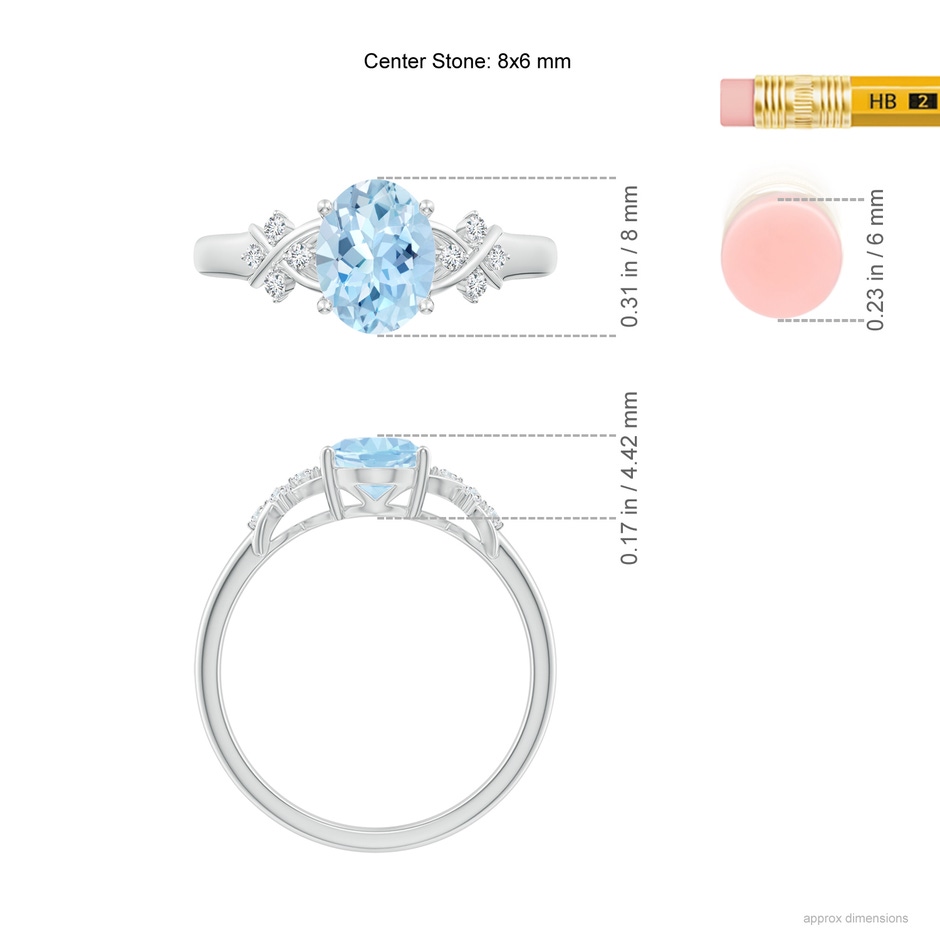 8x6mm AAA Solitaire Oval Aquamarine Criss Cross Ring with Diamonds in White Gold ruler