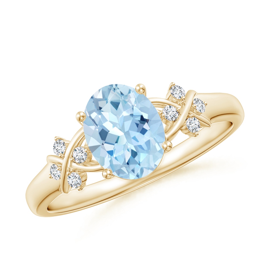 8x6mm AAA Solitaire Oval Aquamarine Criss Cross Ring with Diamonds in Yellow Gold 