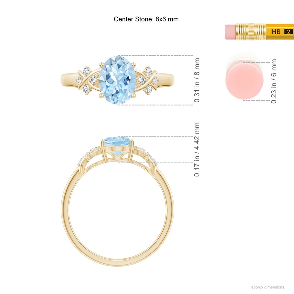 8x6mm AAA Solitaire Oval Aquamarine Criss Cross Ring with Diamonds in Yellow Gold ruler