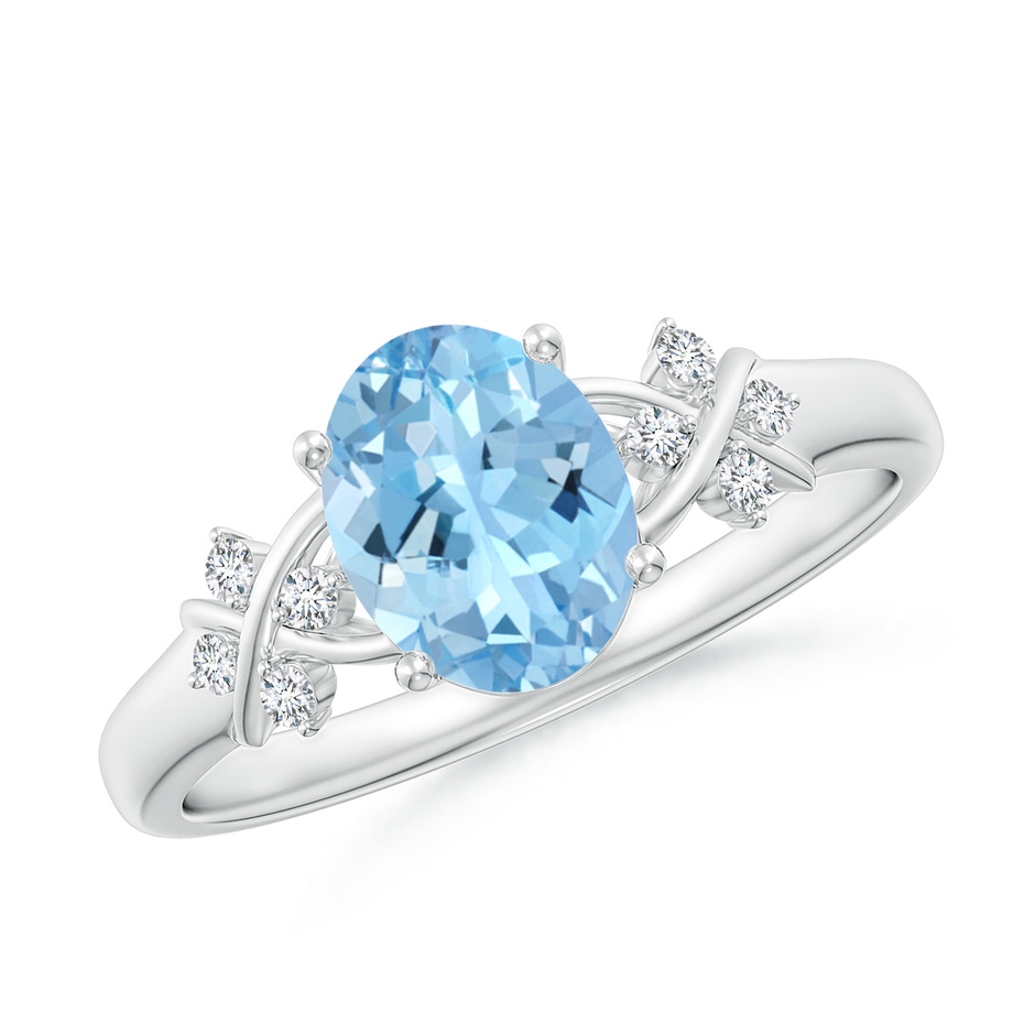 8x6mm AAAA Solitaire Oval Aquamarine Criss Cross Ring with Diamonds in P950 Platinum 