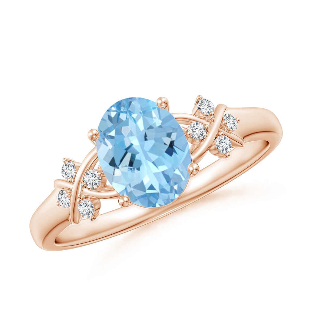 8x6mm AAAA Solitaire Oval Aquamarine Criss Cross Ring with Diamonds in Rose Gold