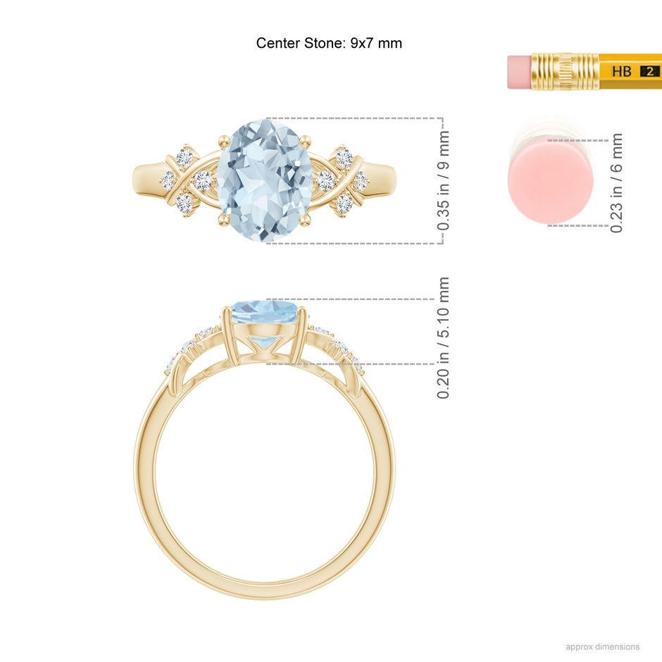 9x7mm A Solitaire Oval Aquamarine Criss Cross Ring with Diamonds in 10K Yellow Gold ruler