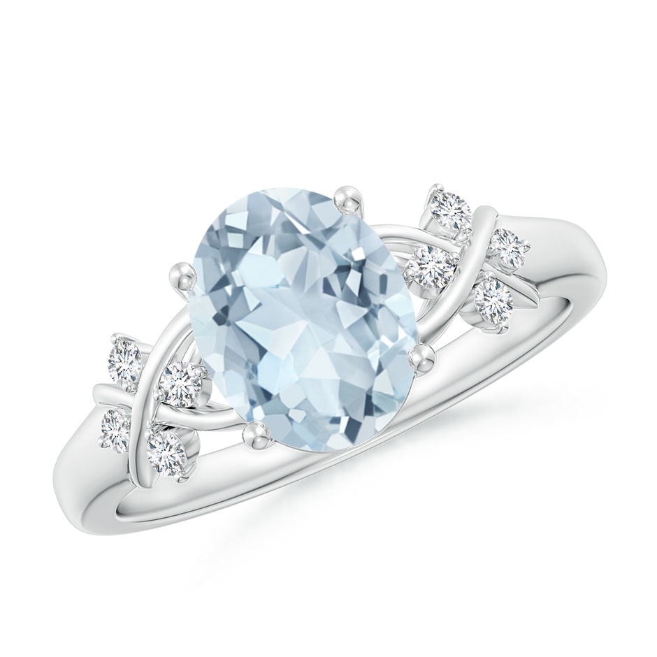 9x7mm A Solitaire Oval Aquamarine Criss Cross Ring with Diamonds in 9K White Gold 