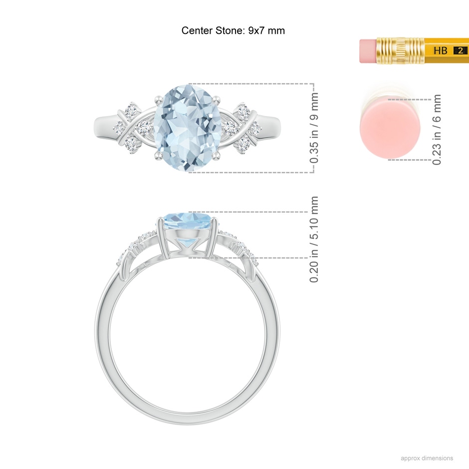 9x7mm A Solitaire Oval Aquamarine Criss Cross Ring with Diamonds in White Gold ruler