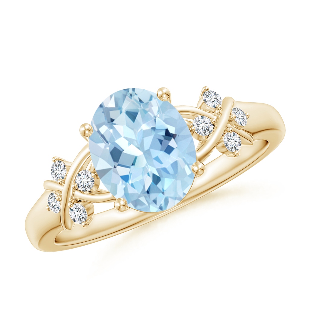 9x7mm AAA Solitaire Oval Aquamarine Criss Cross Ring with Diamonds in Yellow Gold