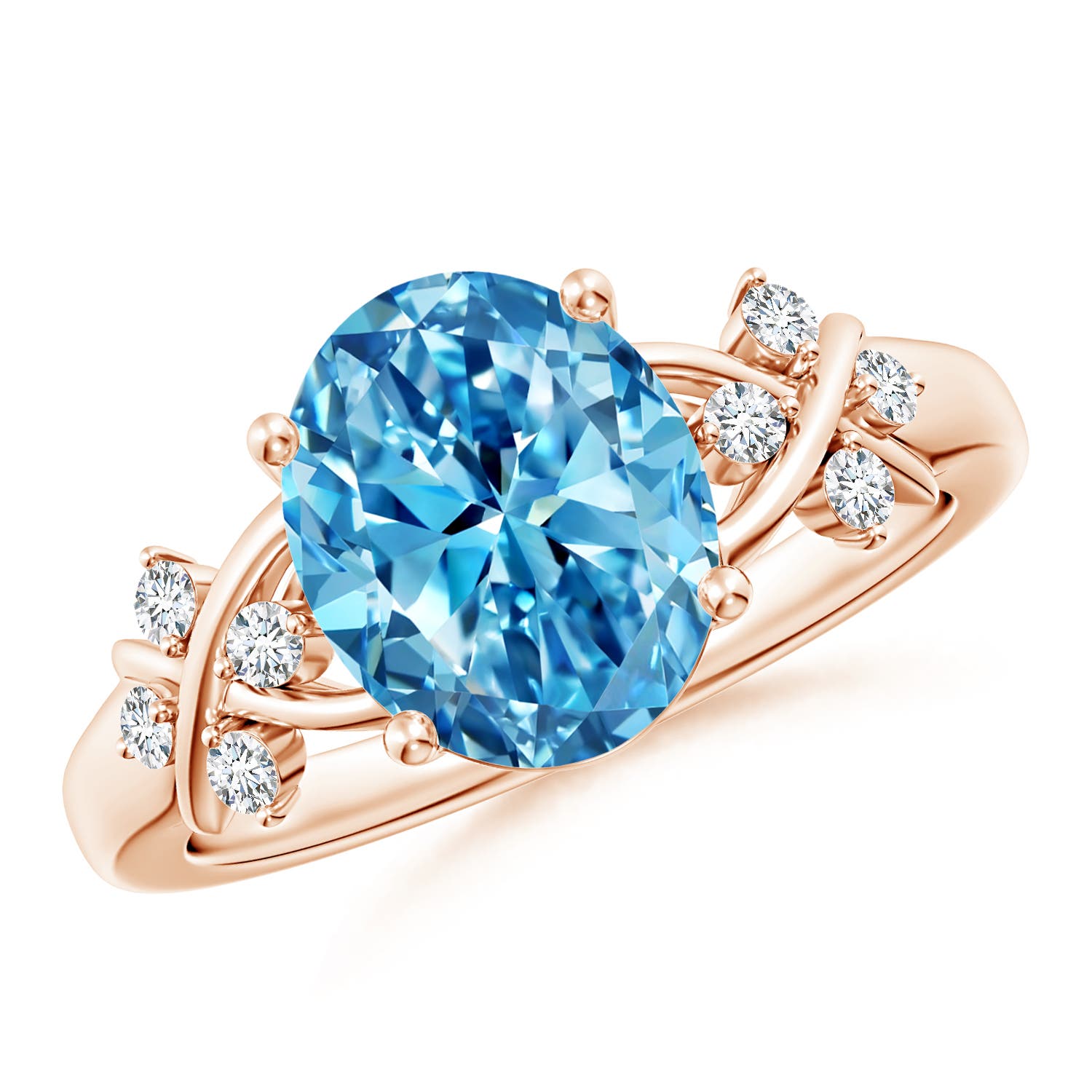 Angara 2.67 CTW Solitaire Oval Fancy Intense Blue Diamond Criss Cross Engagement Ring in 14K Rose Gold