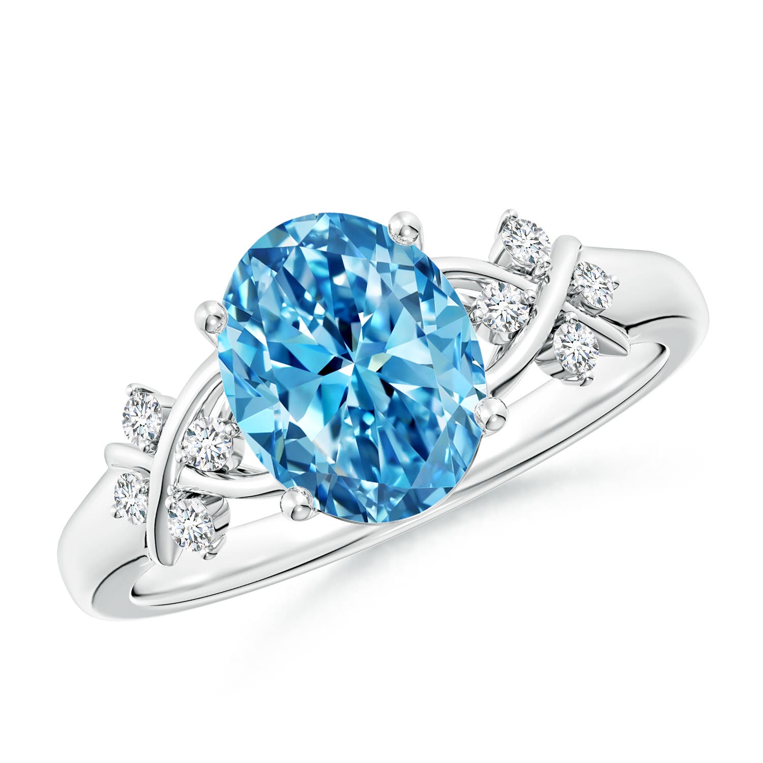 Angara 1.87 CTW Solitaire Oval Fancy Intense Blue Diamond Criss Cross Engagement Ring in Platinum
