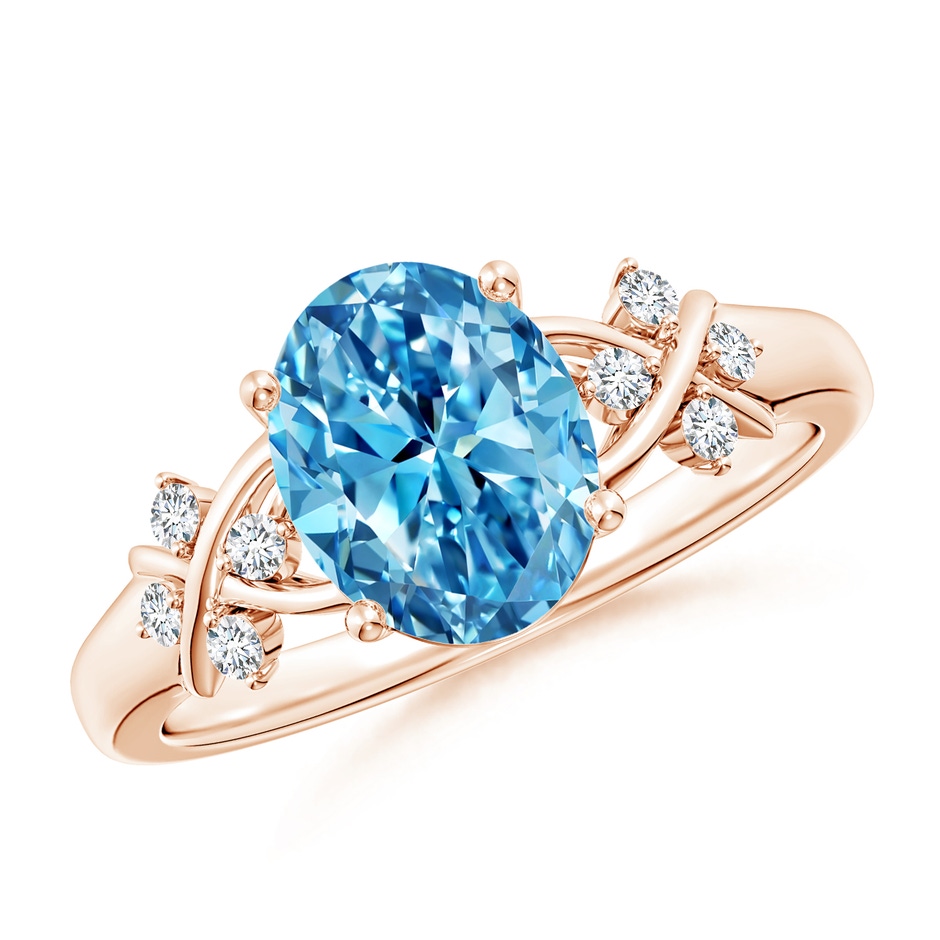 9x7mm AAAA Solitaire Oval Fancy Intense Blue Diamond Criss Cross Ring in Rose Gold 
