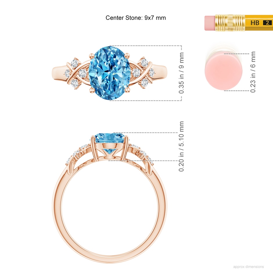 9x7mm AAAA Solitaire Oval Fancy Intense Blue Diamond Criss Cross Ring in Rose Gold ruler